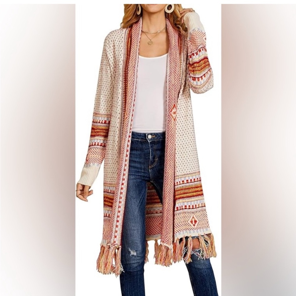 Boho Long Open Cardigan Sweater Maxi Knit Sweaters Aztec Tribal Tassel Sz Medium - Picture 7 of 10